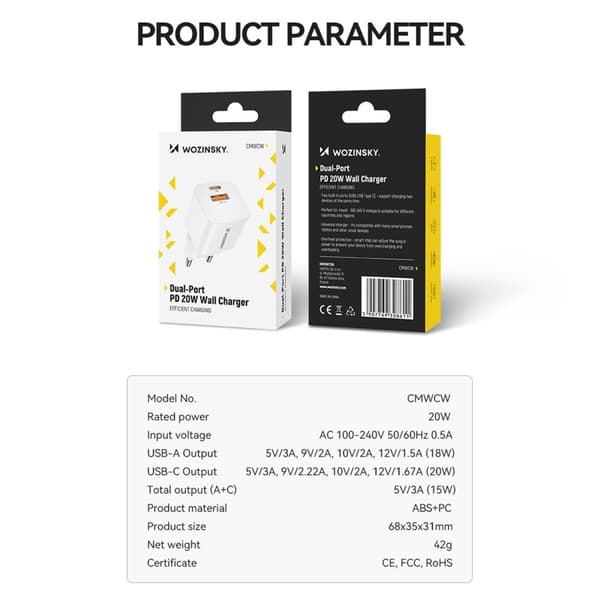 PD QC 3.0 vegglader 100-240V 20W USB-C USB-A hvit