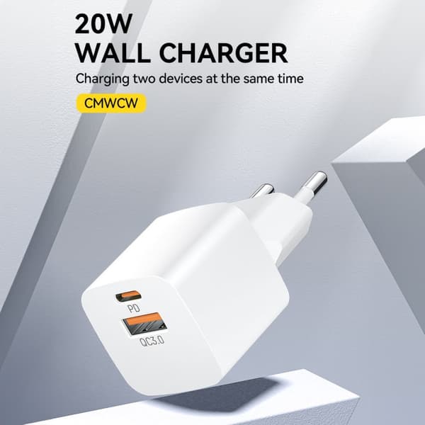 PD QC 3.0 vegglader 100-240V 20W USB-C USB-A hvit