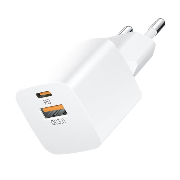 PD QC 3.0 vegglader 100-240V 20W USB-C USB-A hvit