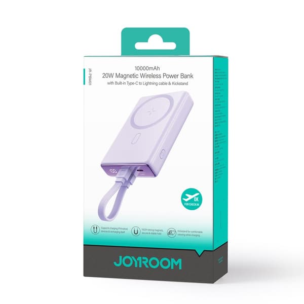Magnetisk strømbank 10000mAh 20W med stativ + Lightning-kabel - USB-C lilla
