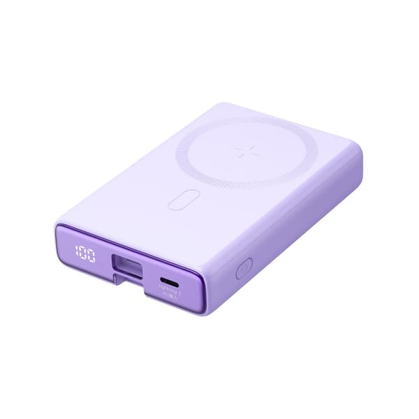 Magnetisk strømbank 10000mAh 20W med stativ + Lightning-kabel - USB-C lilla