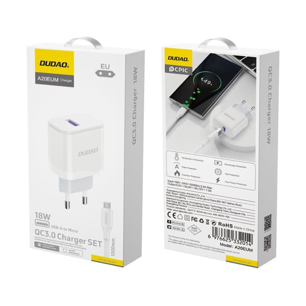 USB-A 18W verkkolaturi USB-A - microUSB-kaapelilla, valkoinen