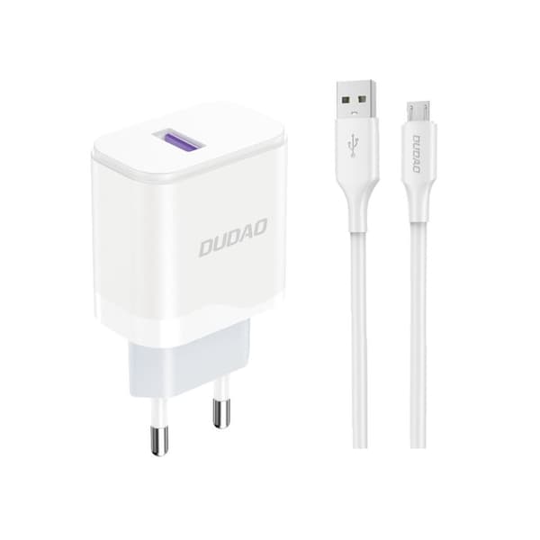 USB-A 18W verkkolaturi USB-A - microUSB-kaapelilla, valkoinen