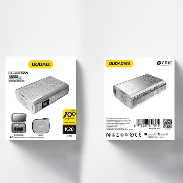 Stilfuld powerbank 10000mAh USB-A / USB-C 22,5W sølv