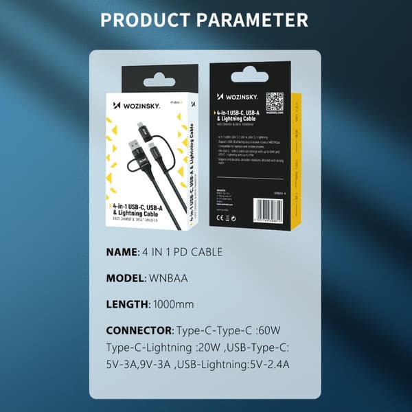 4-i-1 universalkabel 2x USB-C 1x USB-A 1x Lightning 60W 1m sort