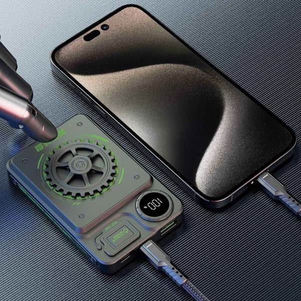 Stilig powerbank 10000mAh 22,5W USB-A / USB-C med grå skjerm