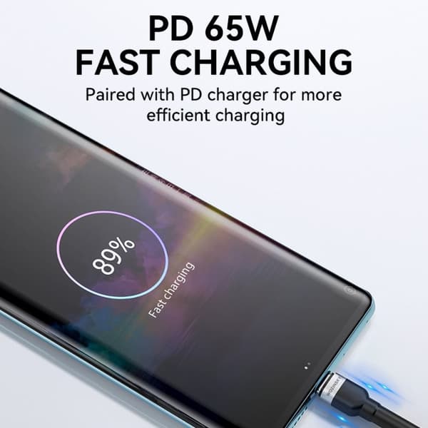 Flettet kabel USB-C - USB-C PD 65W 1m sort