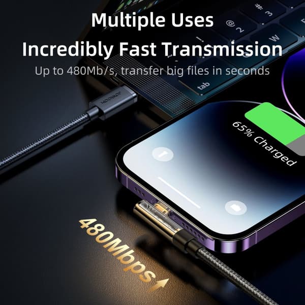 Vinklet kabel for iPhone USB-C - Lightning 20W 480 Mbps 1,2m blå