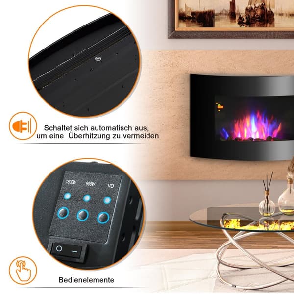 Elektrisk peisovn elektrisk med 2 effekttrinn 900/1800 W LED 65 x 11,4 x 52 cm rustfritt stål svart for koselig varme