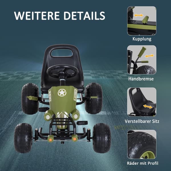 Gokart barne Kettcar pedalbil med håndbrems fra 3 år, grønn design 99x65x56cm for utendørs moro