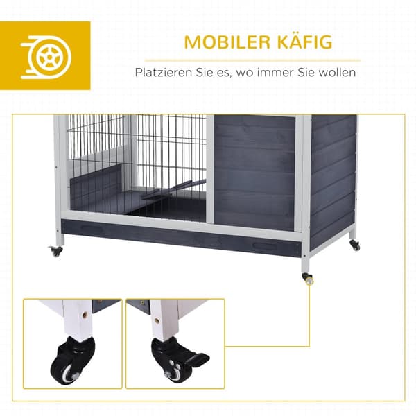 Liten dyrestallmobil med hjul til marsvinbur laget av grantre i mørkegrå og hvit 90x53x59cm