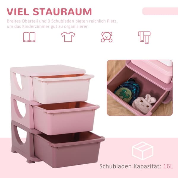 Leluvarasto 3-tasoinen lipasto Lastenhuone Pieni laatikkokaappi lapsille Pinkki