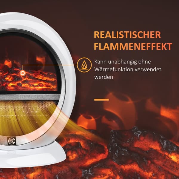 LED elektrisk pejs mini bordpejs 1500W med flammeeffekt, stabil, ABS plast, hvid, kompakt størrelse 30,5 x 18 x 35 cm