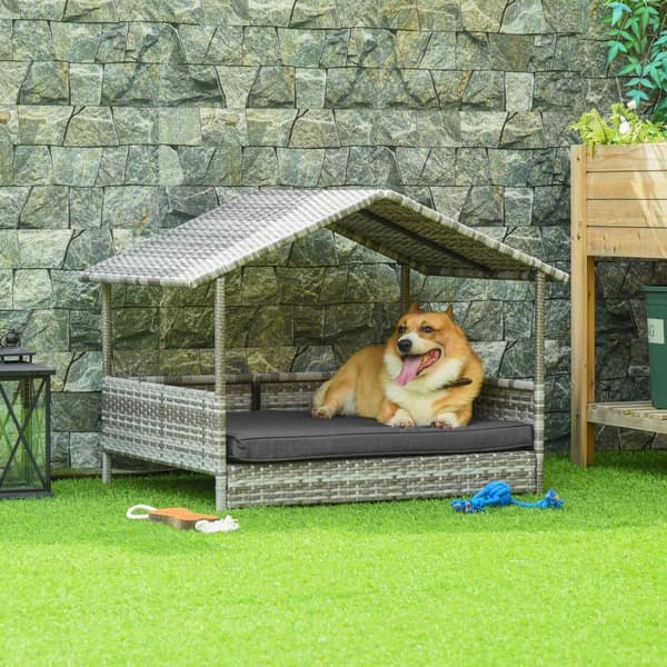 Hundehus i rattan med hynde, husformet hundeseng, udendørs hundehus, stålstel, plastik, grå, 69 x 98 x 70 cm