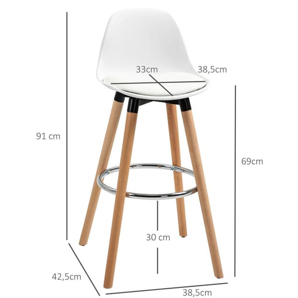 Sæt med 2 barstole køkkenstole barstol med fodstøtter imiteret læder hvid 38,5 x 42,5 x 91 cm til spisekøkken