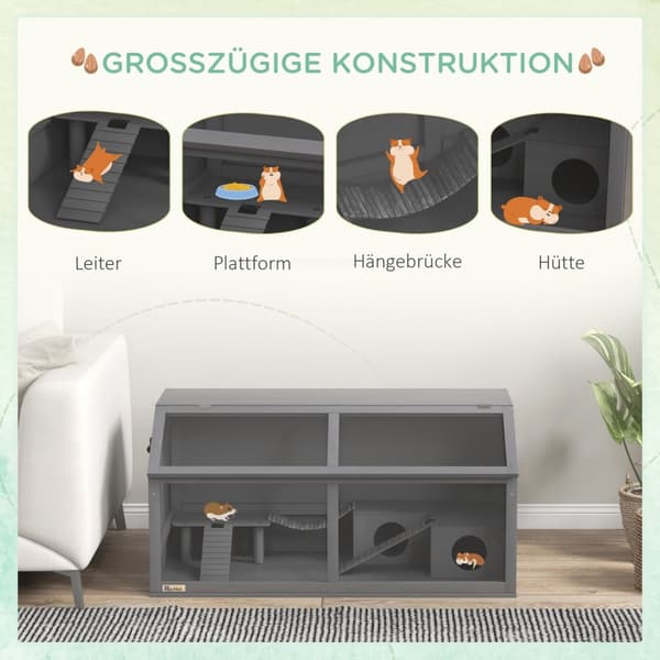 Hamsterbur i træ, 100 cm gnaverhus, lille dyrestald, legehus med hængebro, stiger, oplukkelig tag, hytte, mørkegrå