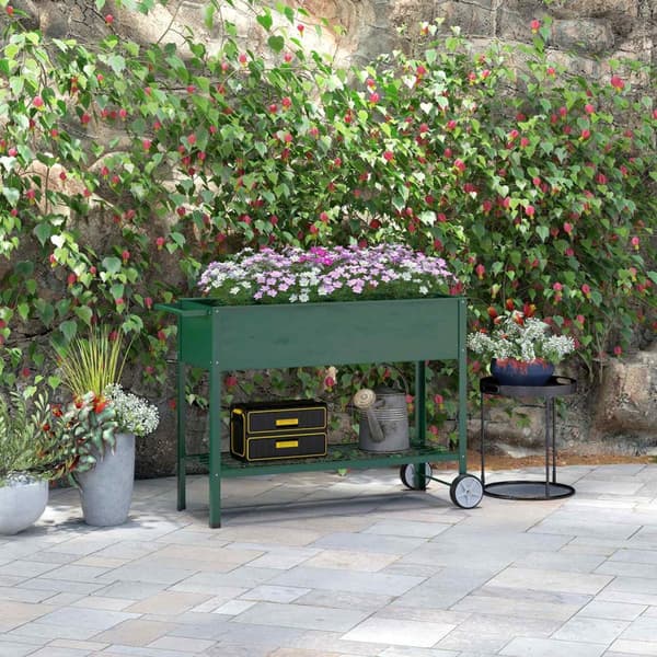 Højbed med hjul, hylde, urtebed, plantebed, metal til haven, altan, grøn, 109 x 44 x 80 cm