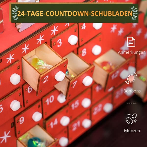 Adventskalender för att fylla 24 lådfack Julkalender Adventskalenderlåda Juldekoration DIY MDF-skiva röd 22,5 x 8 x 36 cm