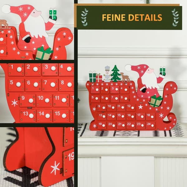 Adventskalender för att fylla 24 lådfack Julkalender Adventskalenderlåda Juldekoration DIY MDF-skiva röd 22,5 x 8 x 36 cm