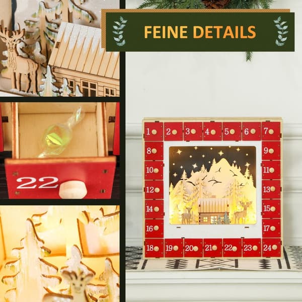 Adventtikalenteri 24 laatikkolokeron täyttämiseen Joulukalenteri LED-valoilla Adventtikalenterilaatikko Joulukoristeet DIY MDF 34 x 7 x 34 cm Punainen