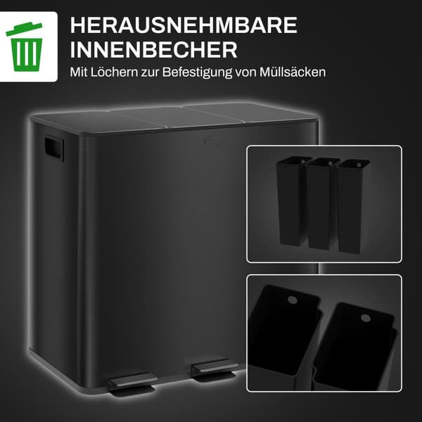 Søppelbøtte 3 x 15L pedalbøtte med lokk og fotpedal, avfallsbeholder i rustfritt stål med innerbeholder til stue og kontor 61,9 x 36,6 x 43,2 cm | Aos