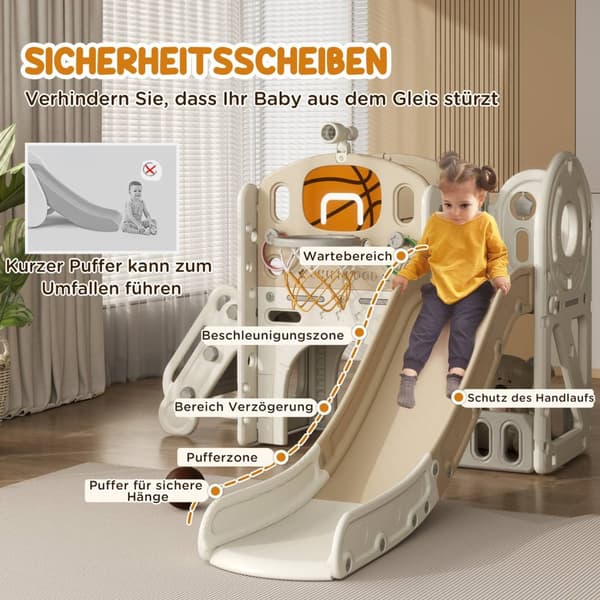 Børnerutsjebane, 7 i 1, Småbørnsrutsjebane med basketballbøjle, Klatrestativ, Teleskop, Tunnel, Platformgang, Opbevaringskurv, Legeplads for 1 til 6 å