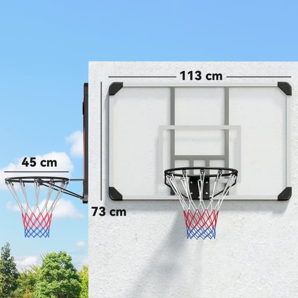 Veggmontert basketballkurv med basketballbrett og nett 113 x 61 x 73 cm laget av stål for utendørsaktiviteter i hvitt