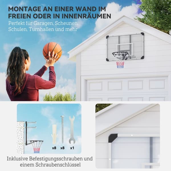 Veggmontert basketballkurv med basketballbrett og nett 113 x 61 x 73 cm laget av stål for utendørsaktiviteter i hvitt