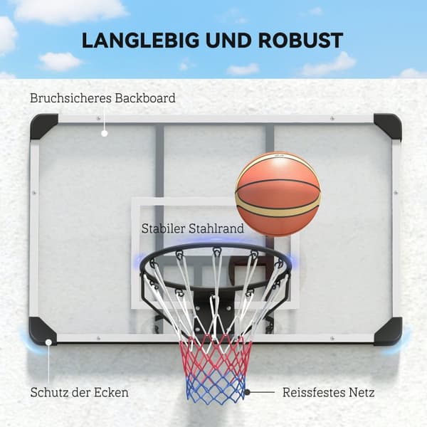 Veggmontert basketballkurv med basketballbrett og nett 113 x 61 x 73 cm laget av stål for utendørsaktiviteter i hvitt