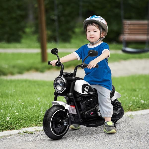 Barnemotorsykkel barnemotorsykkel elbil barnevogn med 2 avtakbare støttehjul, 3 km/t, for 1,5-3 år barn hvit 76 x 42 x 57 cm