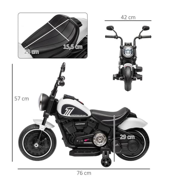 Barnemotorsykkel barnemotorsykkel elbil barnevogn med 2 avtakbare støttehjul, 3 km/t, for 1,5-3 år barn hvit 76 x 42 x 57 cm