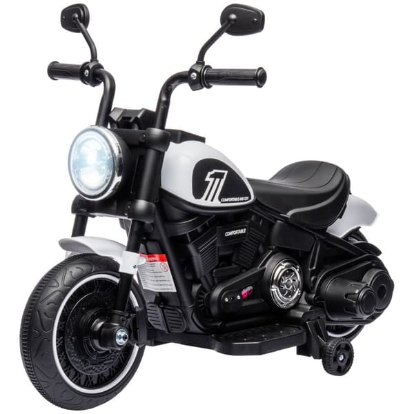 Barnmotorcykel barnelmotorcykel elfordon barnfordon med 2 avtagbara stödhjul, 3 km/h, för 1,5-3 år barn vit 76 x 42 x 57 cm