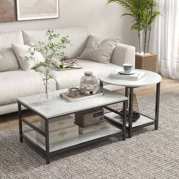Salongbord sett med 2 sidebord, salongbord, sofabord i moderne design med marmorlook for stue, soverom, stål