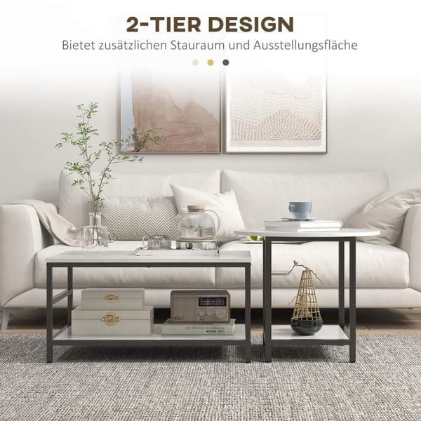 Salongbord sett med 2 sidebord, salongbord, sofabord i moderne design med marmorlook for stue, soverom, stål