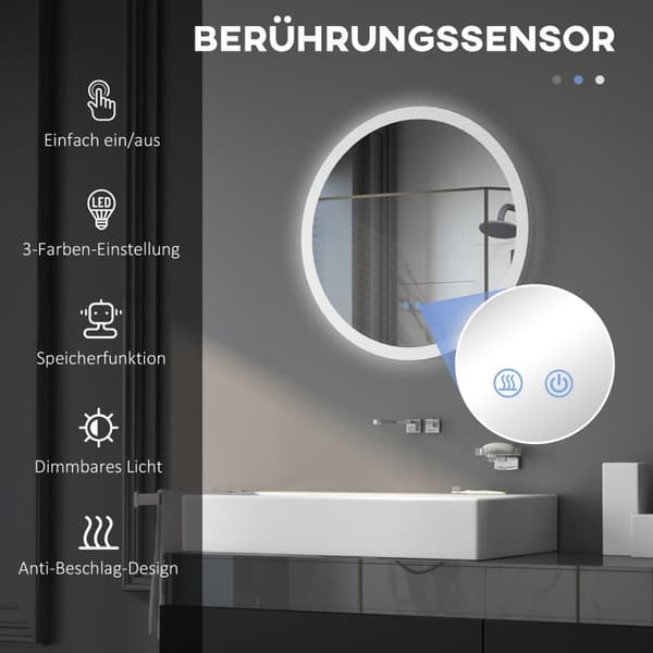 Badeværelsesspejl med belysning 60 cm, vægspejl IP44 med 3 lysfarver, touch-kontakt, hukommelsesfunktion & antidug