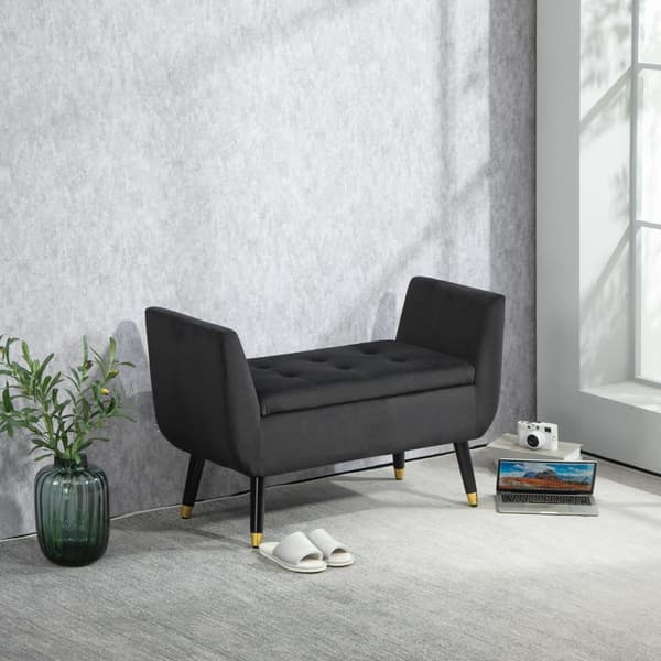 Luksusbenk polstret benk med oppbevaringsplass armlener brystbenk fløyelsmyk polyester gummitre mørk grå 107 x 42 x 65 cm