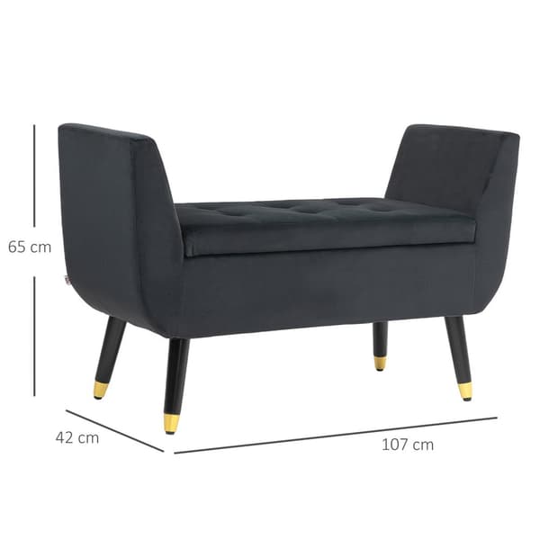 Luksusbenk polstret benk med oppbevaringsplass armlener brystbenk fløyelsmyk polyester gummitre mørk grå 107 x 42 x 65 cm