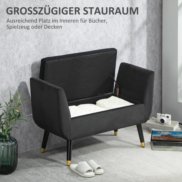 Luksusbenk polstret benk med oppbevaringsplass armlener brystbenk fløyelsmyk polyester gummitre mørk grå 107 x 42 x 65 cm