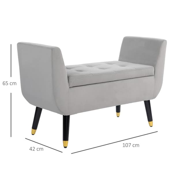 Luksusbenk polstret benk med oppbevaringsplass armlener brystbenk fløyelsmyk polyester gummitre lys grå 107 x 42 x 65 cm