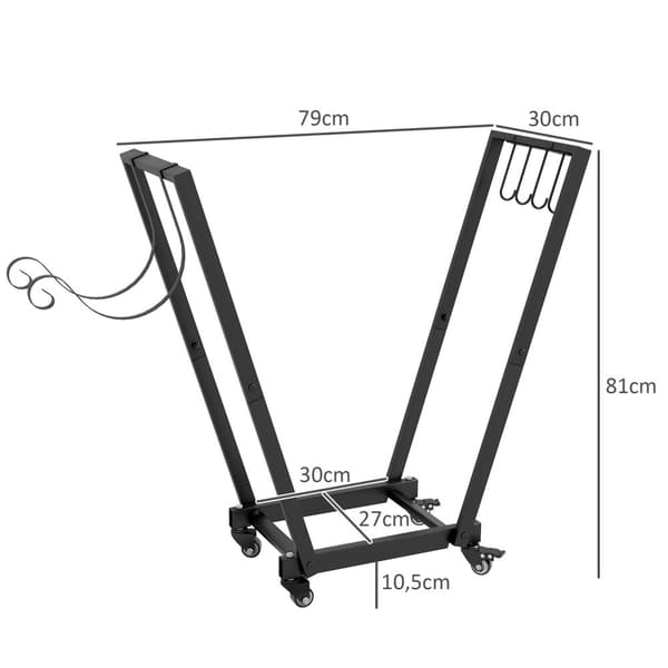 Polttopuuteline pyörillä 79 x 30 x 81 cm, puuteline puutarhaan ja terassille, mustaa metallia, mukaan lukien sytytys ja työkalukoukut Aosom.de