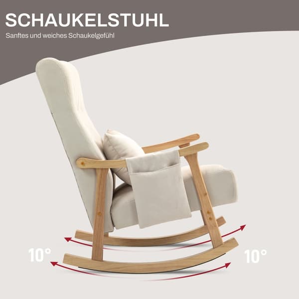 Gyngestol polstret gyngestol med korsryggpute sidelomme avslapningsstol treramme lin look for stue soverom beige