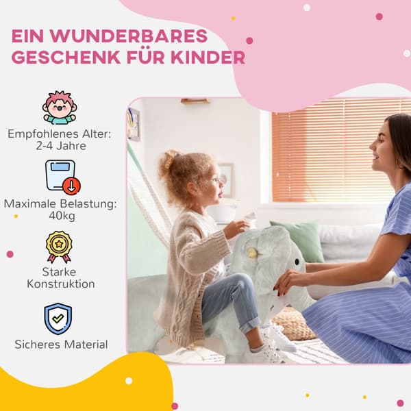 Gyngeelefant gyngeelefant med lydfunksjon og håndtak, babygyngeleke med plysjlook, for 2-4 år barn, grå