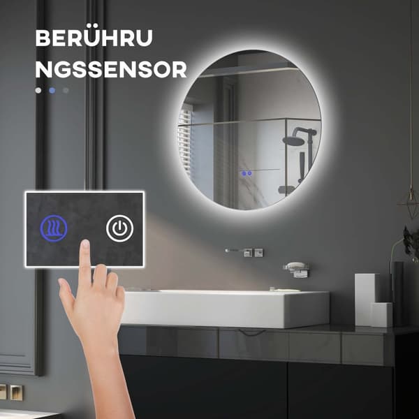 Badeværelsesspejl med belysning Ø60 cm, vægspejl med 3 lysfarver, IP44, touch switch, memory funktion, antidug