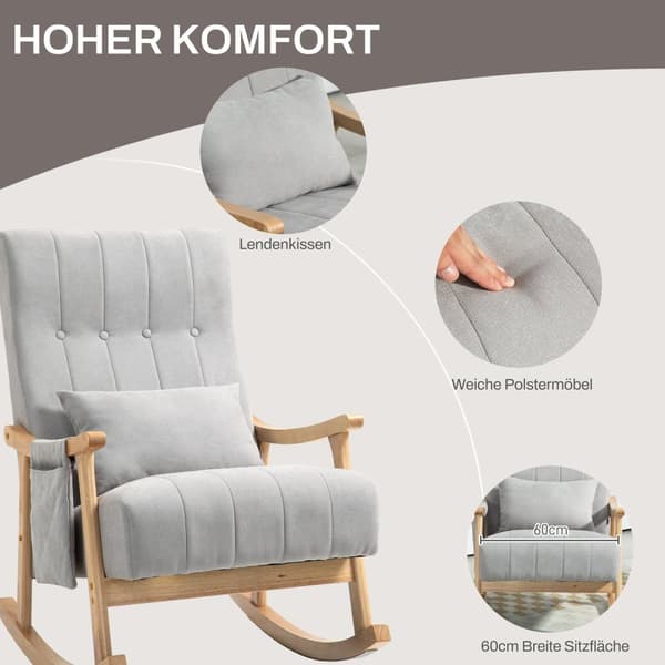 Keinutuoli pehmustettu keinutuoli ristiselän tyynyllä sivutasku rentoutumistuoli puurunkoinen pellava look olohuoneeseen makuuhuone harmaa