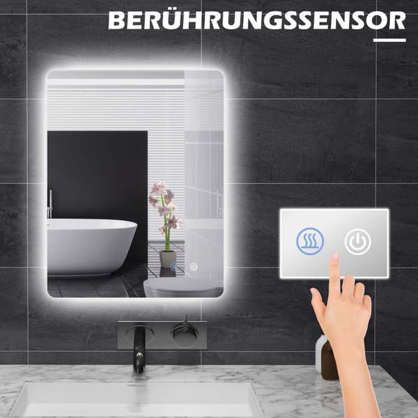 Baderomsspeil med belysning 70 x 50 cm, IP44 veggspeil med 3 lysfarger, berøringsbryter og antidugg, med minnefunksjon