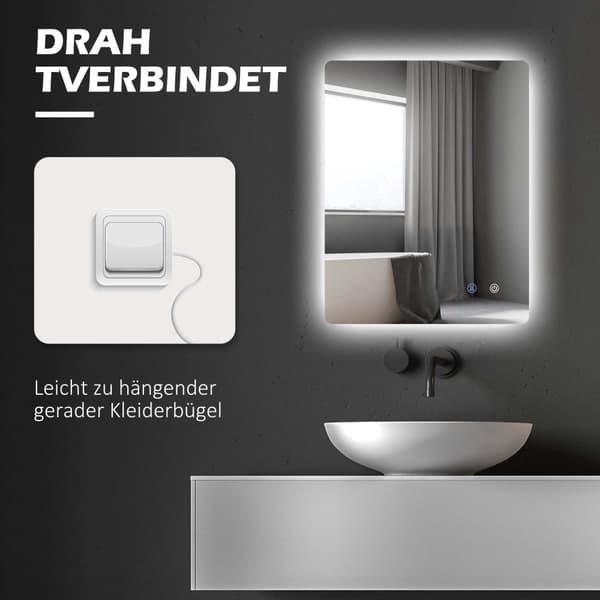 Baderomsspeil med belysning 70 x 50 cm, IP44 veggspeil med 3 lysfarger, berøringsbryter og antidugg, med minnefunksjon