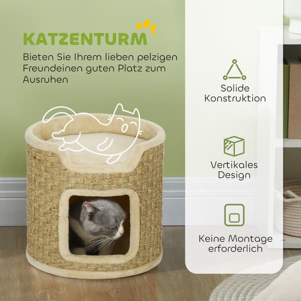 Kradsetønde, 37 cm høj kattetønde med dør, kradsestolpe med 2 niveauer, kattetårn af sisal, til katte op til 5 kg, khaki