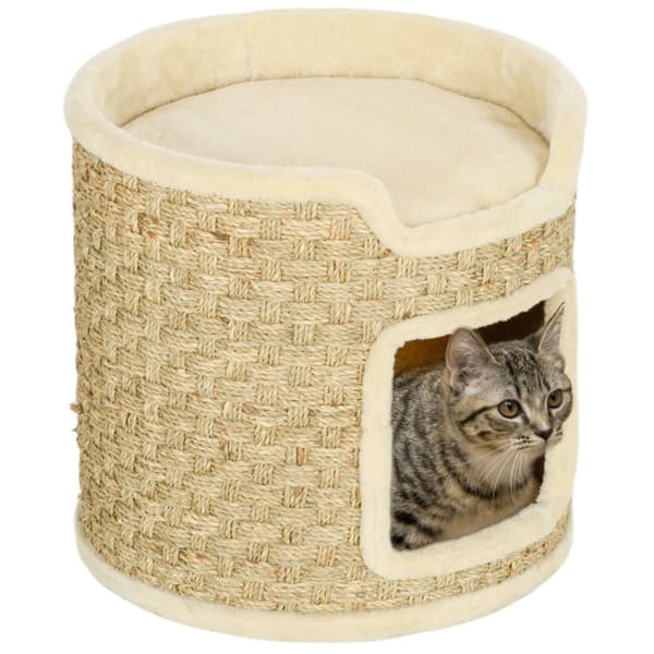 Kradsetønde, 37 cm høj kattetønde med dør, kradsestolpe med 2 niveauer, kattetårn af sisal, til katte op til 5 kg, khaki