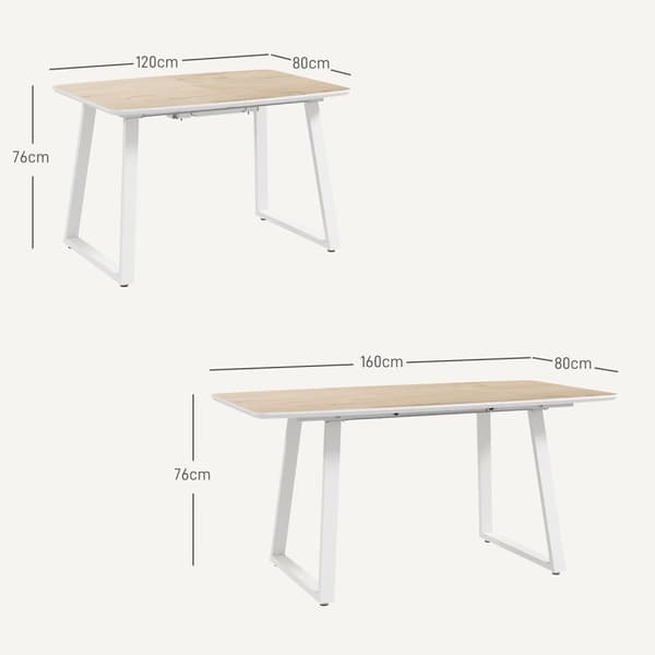 Spisebord uttrekkbart kjøkkenbord for 4-6 personer, rektangulært spisebord for kjøkken, spisestue, stål, 120/160 x 80 x 76 cm, eik