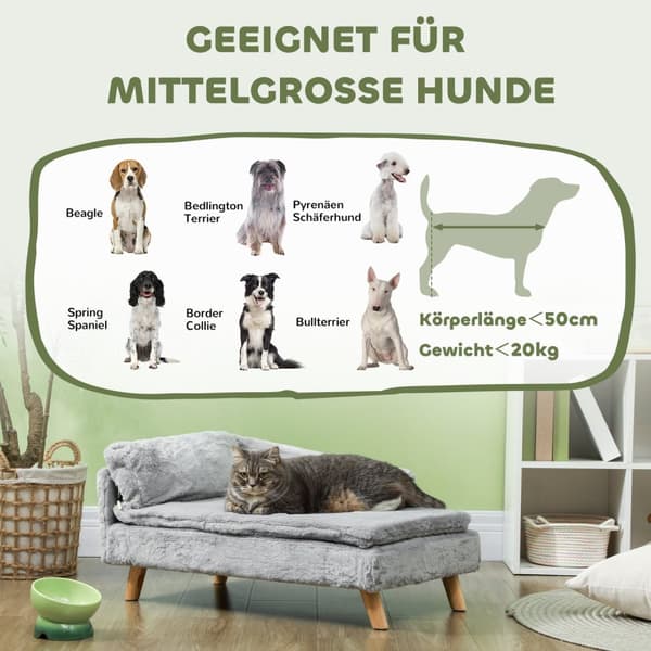Hundesofa for mellomstore hunder, hundeseng med avtakbar og vaskbar pute, kjæledyrsofa med treben, forhøyet design, 20 kg, lys grå